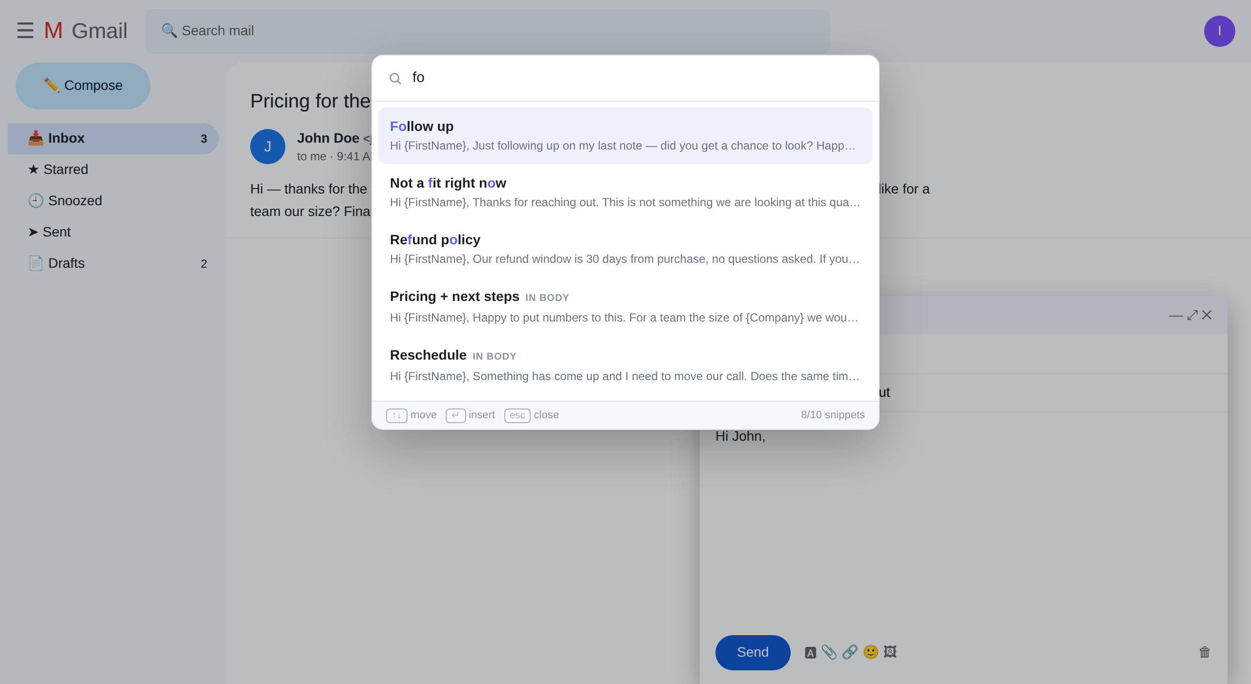 The Rico palette open over a Gmail reply, filtered to four snippets