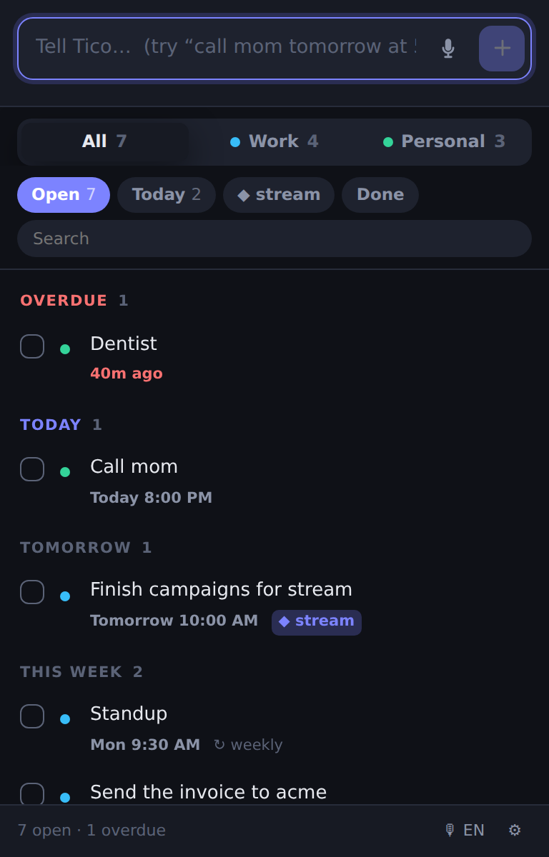 Tico's popup, showing tasks grouped by when they are due